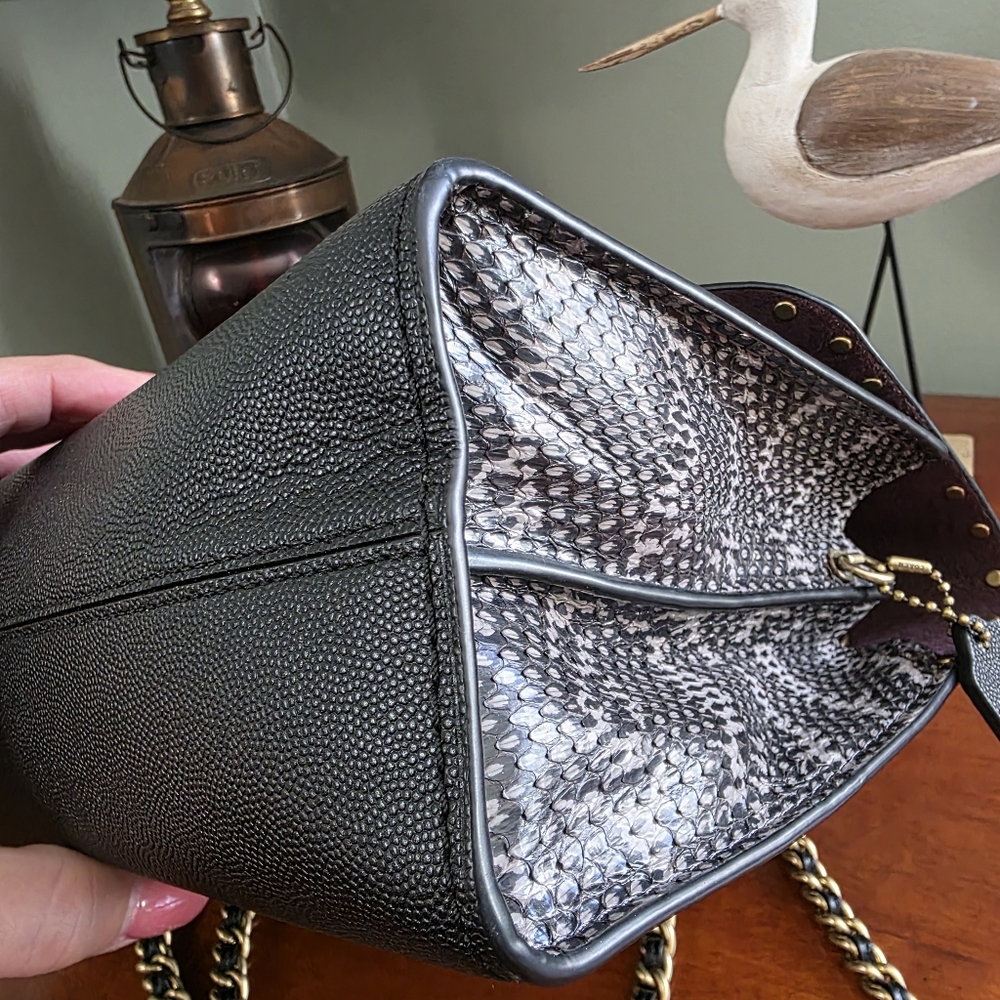 Coach 53344 Parker Black Leather Genuine Snakeskin Rivet Chain Shoulder Bag - Picture 11 of 16